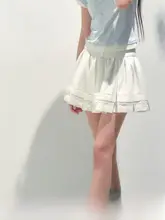 春夏向けの天絲レーヨンプリーツスカート【レースフリル・青柠風】（セットアップ対応）