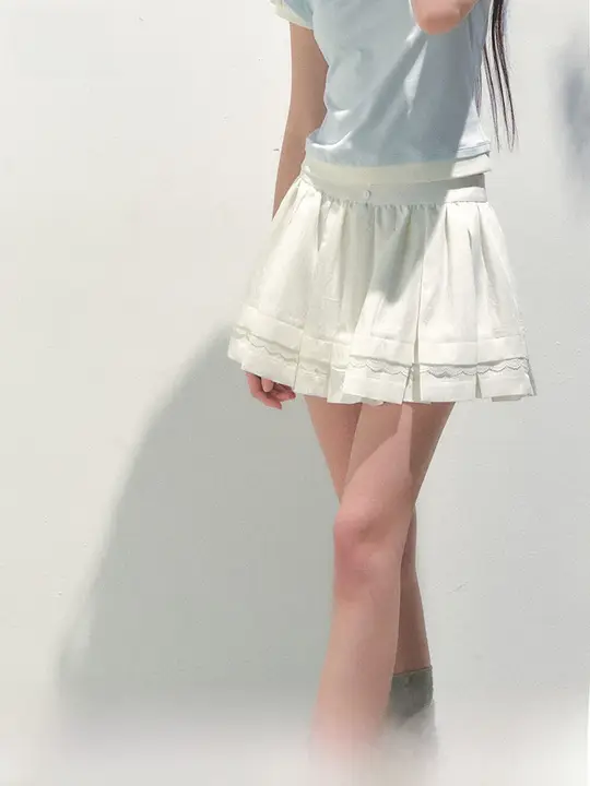春夏向けの天絲レーヨンプリーツスカート【レースフリル・青柠風】（セットアップ対応）