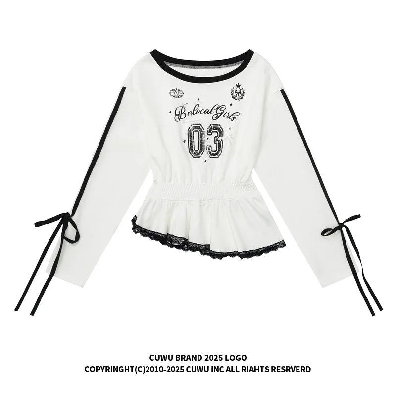 不規則なフリルデザインのウエストシェイプオフショルダーロングスリーブTシャツ【春用・斜め襟・ショート丈】