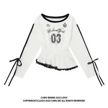 不規則なフリルデザインのウエストシェイプオフショルダーロングスリーブTシャツ【春用・斜め襟・ショート丈】