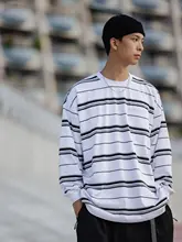 秋冬ストライプポケットTシャツ【コットン・クルーネック・ゆったり・長袖】