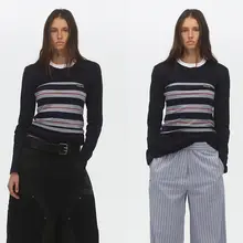春の重ね着に最適！コントラストカラーのラウンドネック長袖Tシャツ