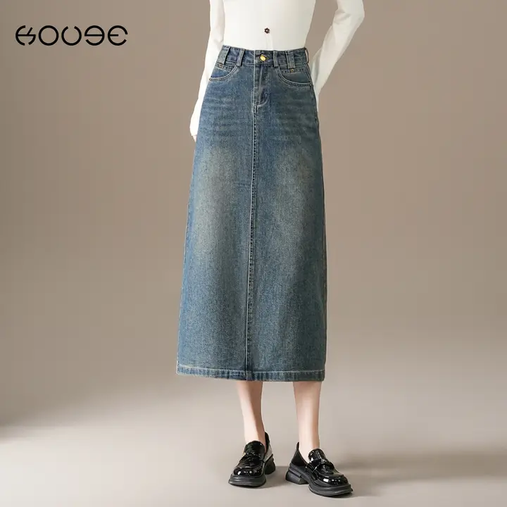 レトロブルー ハイウエストデニムスカート【ミディ丈・バックスリット・Aライン】