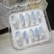 ブルーグラデーション立体山茶花デザインのハンドメイドネイル【優雅な印象・中長サイズ】
