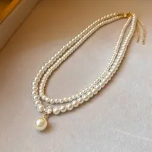 二重層の立体デザイン！スクエアパールペンダントネックレス【女性用・セーターにぴったり・鎖骨ネックレス】