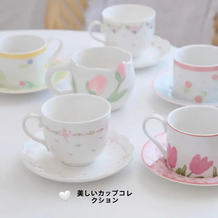 フラワーデザインのカフェマグカップ【ピンク・グリーン・チューリップ柄】