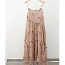 涼しげなリネン混フラワープリントキャミソールVネックワンピース【夏用・ロング丈・リラクシングスタイル】