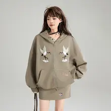 復古風刺繍入りフード付きパーカー【女性用・中華スタイル・秋季・ミニスカート付き】（ セットアップ対応）