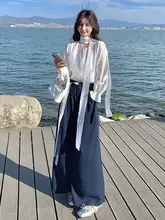 高級感あふれる春の女性用コーディネート【フレアスリーブ・ハイウエストワイドパンツ・飾りリボン】（セットアップ対応）