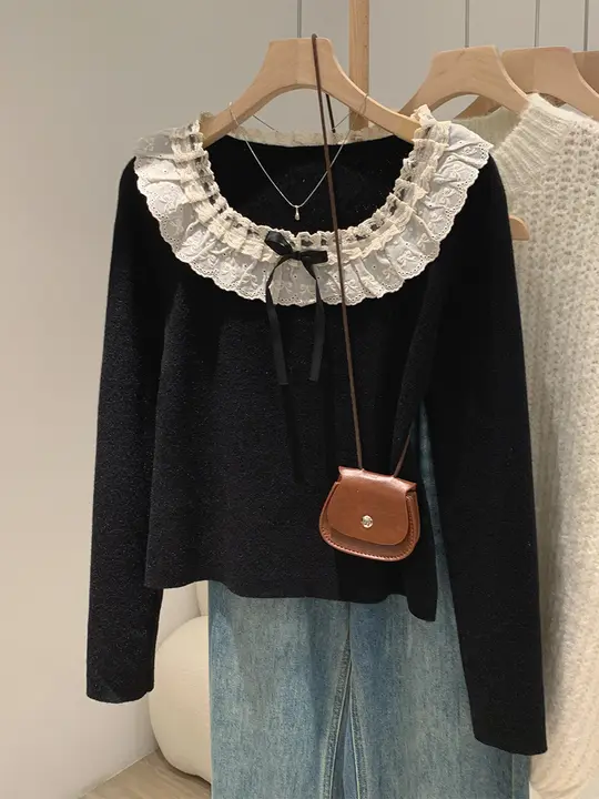 レースフリル付き長袖ニットトップス【春秋用・リボンデザイン・女性用】