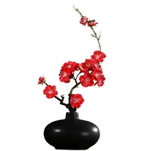 陶器製 ブラックホワイト フラワーヴェース 梅の花アレンジセット【シンプルインテリア・茶室・ダイニング用】