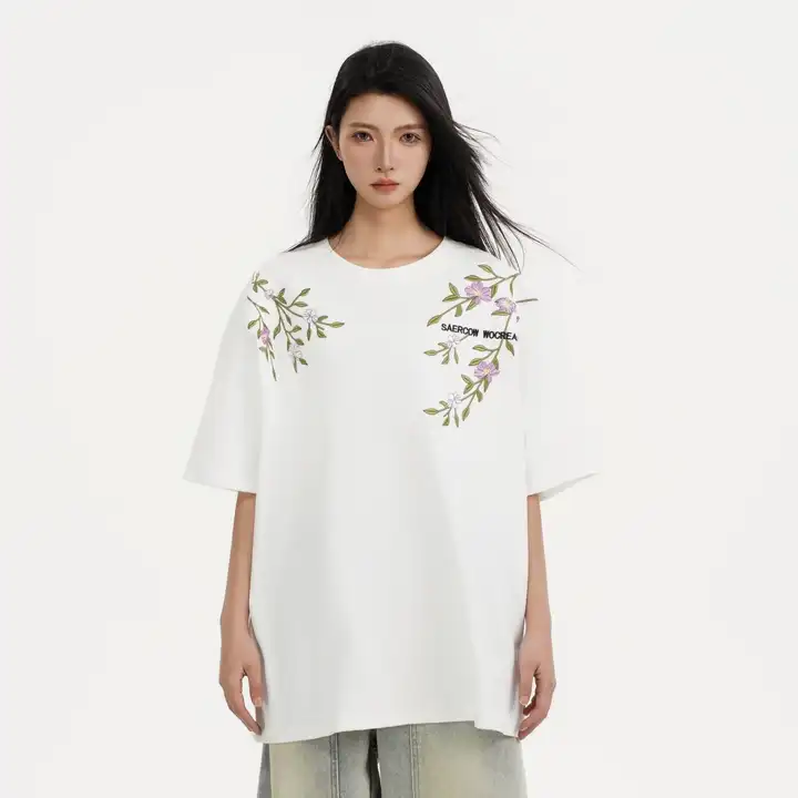 花柄刺繍入りコットン半袖Tシャツ【ユニセックス・ルーズフィット・カジュアル】