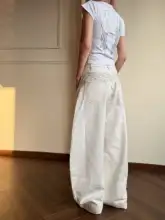 ワイドデニムパンツ ユニセックス アルファベット刺繍 翼モチーフ アメカジ ヴィンテージ 着回し カーブドシルエット「Amoeba」