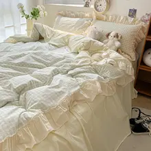 布団カバーセット 3点セット 4点セット フレンチ風 少女風 ウォッシュ加工 フリル クリーム色 ブラックチェック柄 学生 一人暮らし