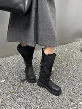 本革製 パンクスタイルのブーツ【ミドルカット・バンド付き・ライディング用】