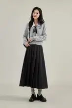 小柄女性向けグレーのプリーツスカート【高腰・Aライン・春秋用】（セットアップ対応）