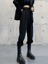 高腰デザインのレディース春用スラックス【細見え・ワイドレッグ・テーパード・裏起毛・ブラック】