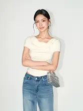 不規則デザインの斜めショルダー短袖Tシャツ【ウエストシェイプ・ラッセル素材】
