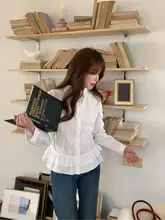 昭和風デザインのフリル付きボタン長袖シャツ【リボン付き】