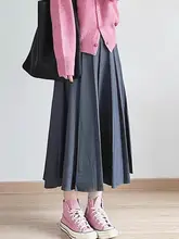 グレーウール調のハイウエストAラインスカート【秋冬・体型カバー・ミドル丈】