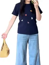 犬刺繍入りコットン半袖Tシャツ【大きいサイズ・夏用・ネイビー】