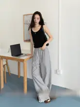 ストライプデザインのフィットパンツ【ウエストゴム・ワイドレッグ・夏用】