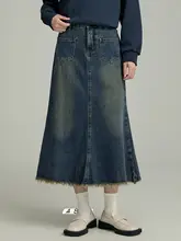 レトロなデザインのハイウエストAラインデニムスカート【ブルー・フリンジ付き・ロング丈】