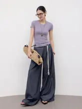 デニムノースリーブトップスとワイドレッグパンツ【夏用・単ボタン・ルーズフィット】【セットアップ対応】