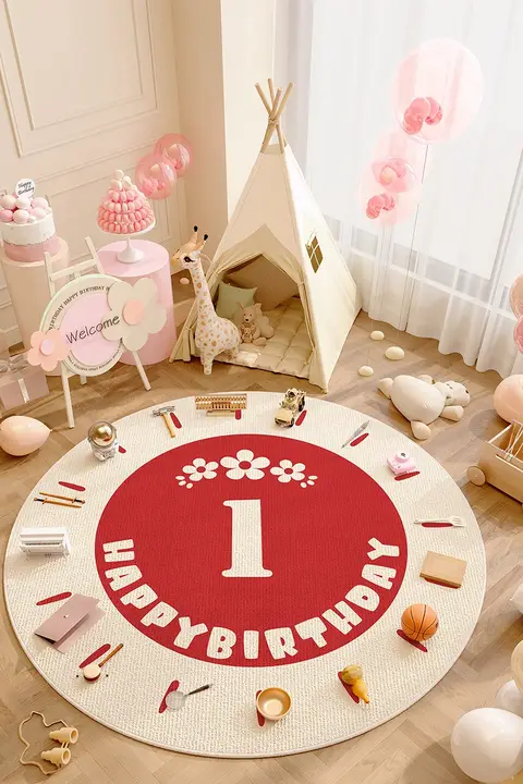 一歳の誕生日にぴったり！子供用ラウンドプレイマット【赤色・龍デザイン】