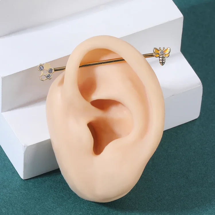 チタン鋼製ピアス【花と蜂のデザイン・ロングイヤーブリッジ・両耳対応】