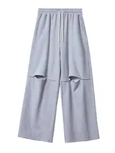 ハイウエストデニム風 ダメージ加工パンツ【夏用・カジュアル・レディース・ストレート・大きいサイズ】（セットアップ対応）