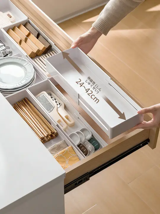 キッチン用引き出し整理ボックス【伸縮可能・多機能・カトラリー用仕切り付き】