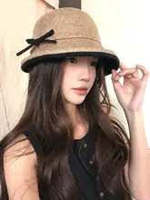 リボン付きヴィンテージ風リネン折り返しフィッシャーハット【夏用・優雅なデザイン・日よけ・UVカット】