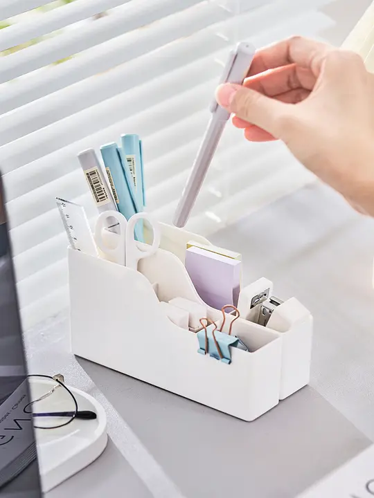 デスク用 ミニ収納ラック【多層・仕切り付き・プラスチック製・ホワイト】