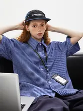 アメリカンスタイルのレトロチェック半袖シャツ【男女兼用・襟付き・通勤用】