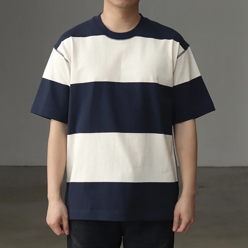 260G重厚ストライプ半袖Tシャツ：30代男性の夏コーデに最適な日式カジュアルスタイル