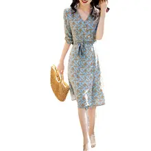 重厚感ある桑蚕絲製Vネックフラワープリントサマードレス【ウエストシェイプ・ティータイム用】