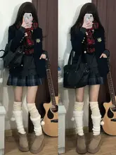 オリジナル深藍色チェック柄スカートのJK制服【秋冬用・ショートジャケット・重ね着スタイル】（セットアップ対応）