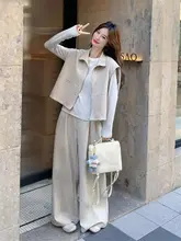 カジュアルな雰囲気の工事風デザインのベストとワイドパンツ【春秋用・女性用・高級感】（セットアップ対応）
