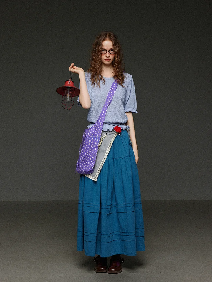 レトロな三色デザインのプリーツAラインスカート【高腰・多層構造・夏用・体型カバー】（セットアップ対応）