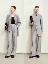 高級通勤風リネン混紡立襟ジャケットとワイドパンツ【女性用・秋用・二点セットアップ対応】