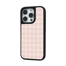格子柄のピンク色レトロスマホケース【iPhone対応・光沢仕上げ・ブラックフレーム】