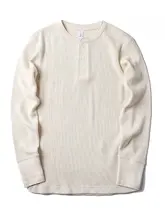 アメリカンリバイバルデザインのヘンリーネック長袖Tシャツ【高品質ワッフル生地・シンプルカラー】