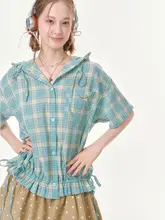 夏用 レトロ風 フリル裾 フード付き グリーンチェック柄 半袖シャツ