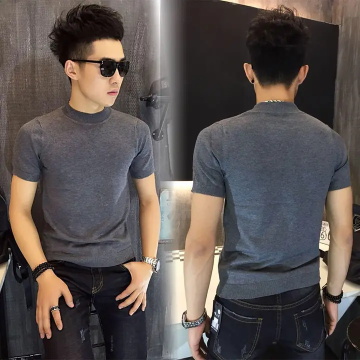 秋用ニットTシャツ【メンズ・スリムフィット・無地・ラウンドネック】