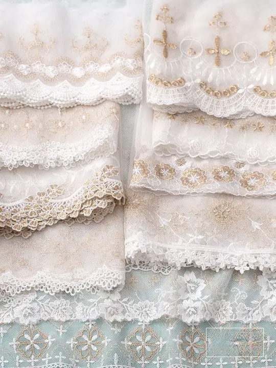 上質な金白色 ツートンのネットチュール刺繍レースエッジ【DIY・人形用・袖口装飾】