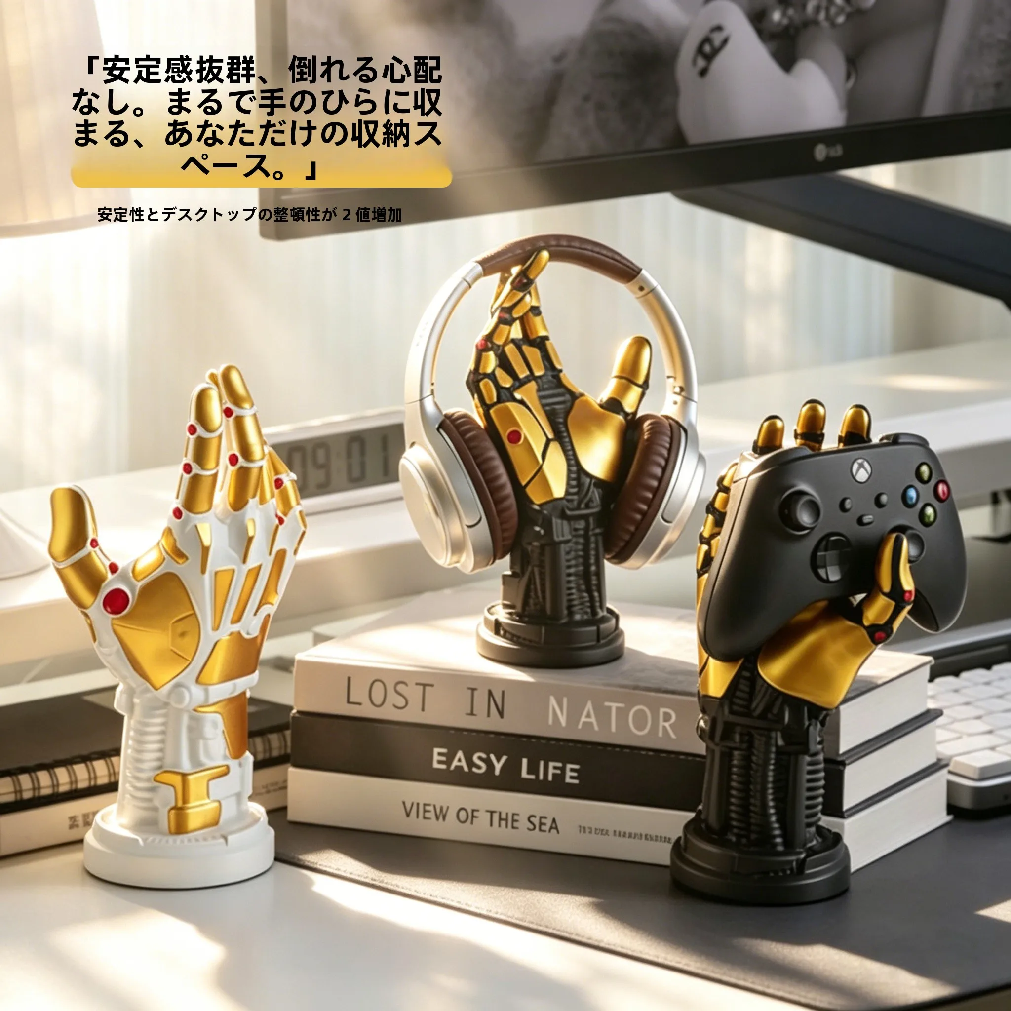 サイバーパンク風メカニカルハンドイヤフォンとゲームコントローラーの展示スタンド：ゲーミングデスク周りの便利グッズとしての実用性