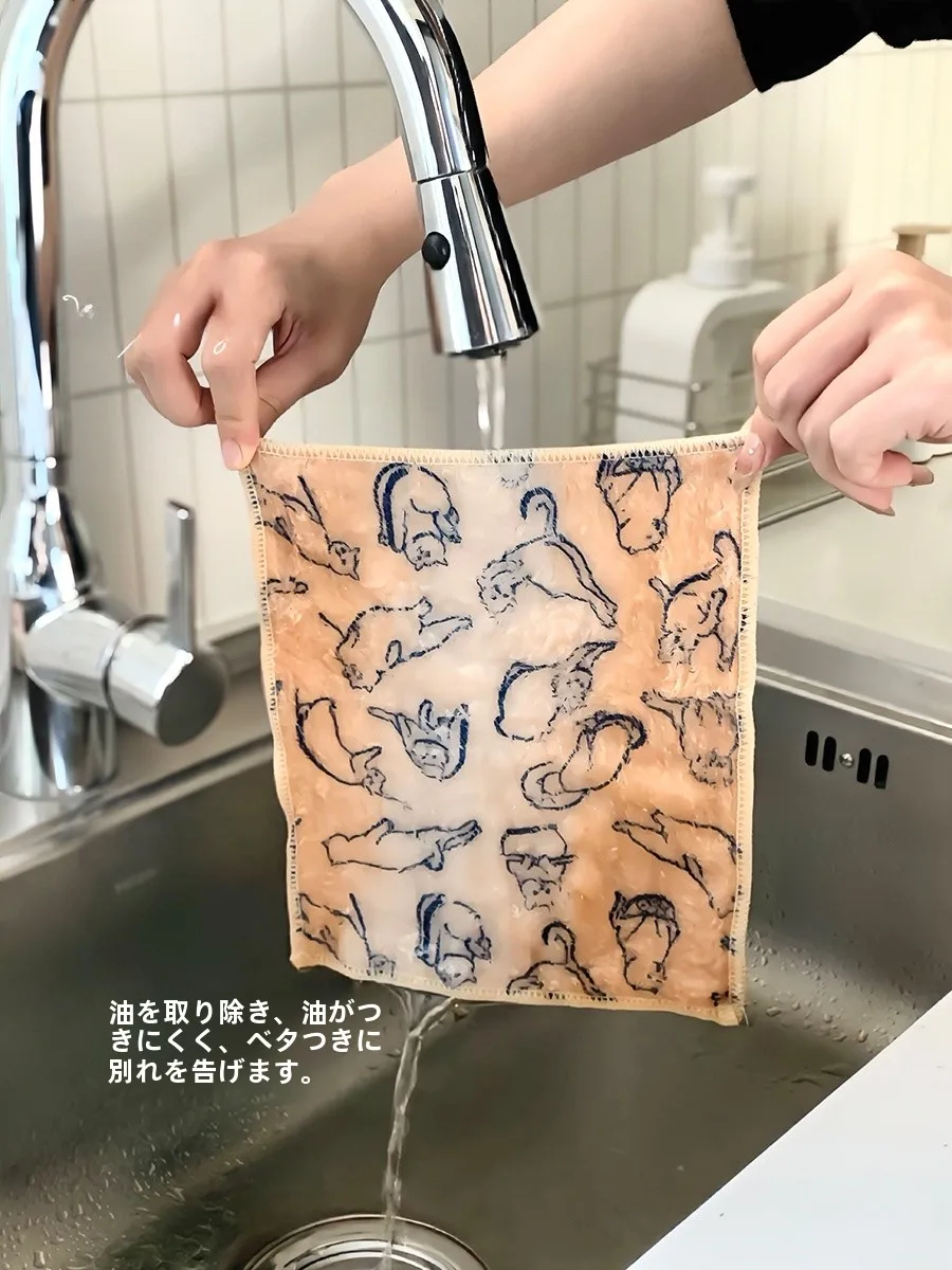 猫デザインのキッチンクロス：厚手で油汚れに強い家庭用掃除アイテム