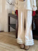 秋冬用レトロフリルデザインベルボトムパンツ【アイボリー・ブラウン】