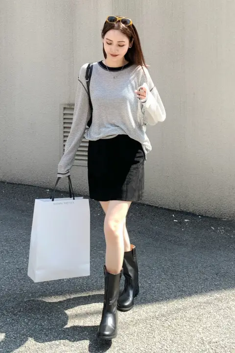 感のあるインポート天絲ウールボーダー柄Tシャツ【長袖・女性用】